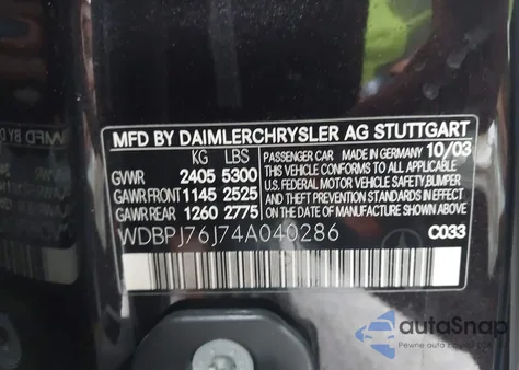 2004 Mercedes-Benz Cl 600 из США, поврежденный, VIN WDBPJ76J74A040286